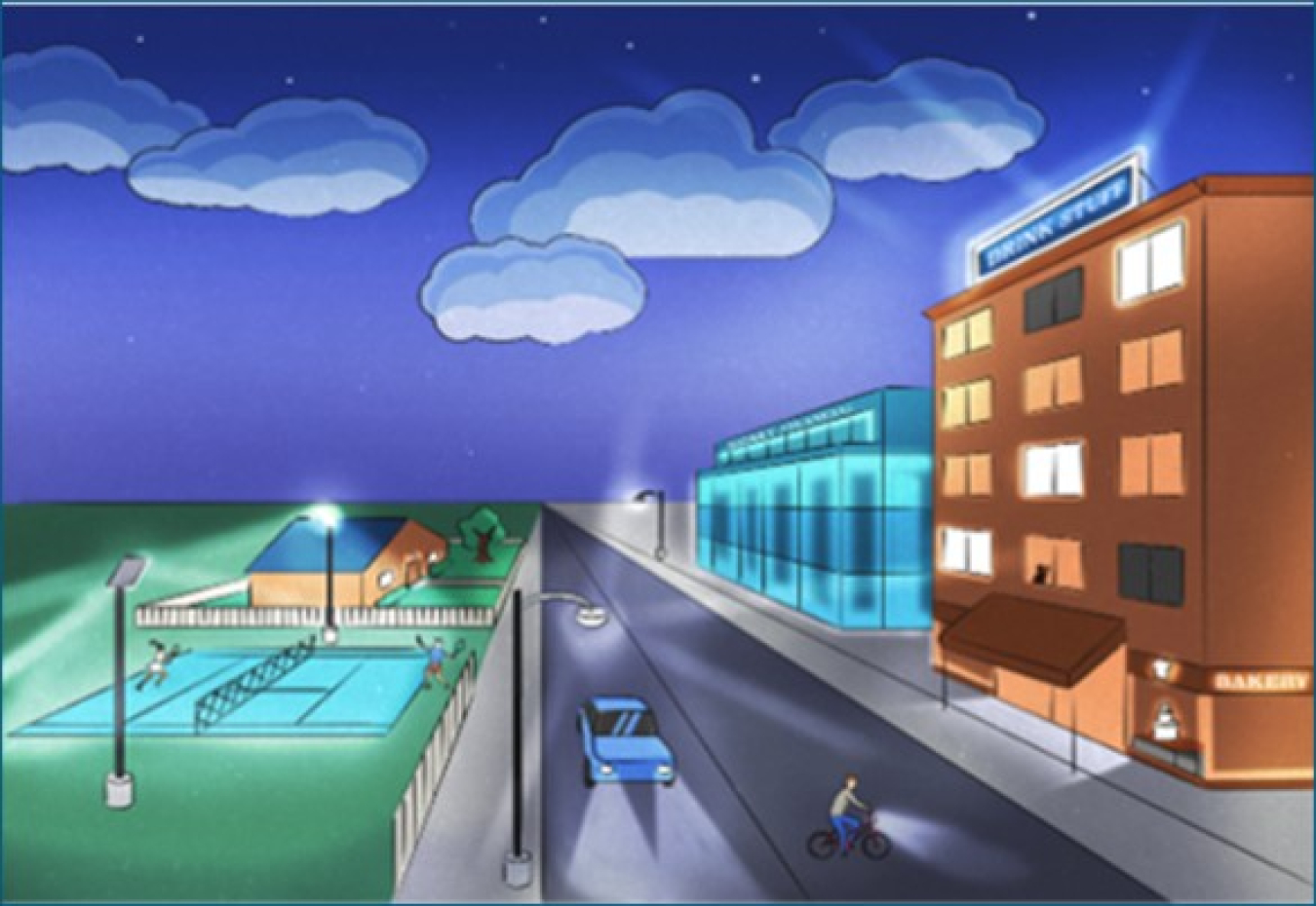 Rendering of a street at night with a tennis court at left and buildings at right.