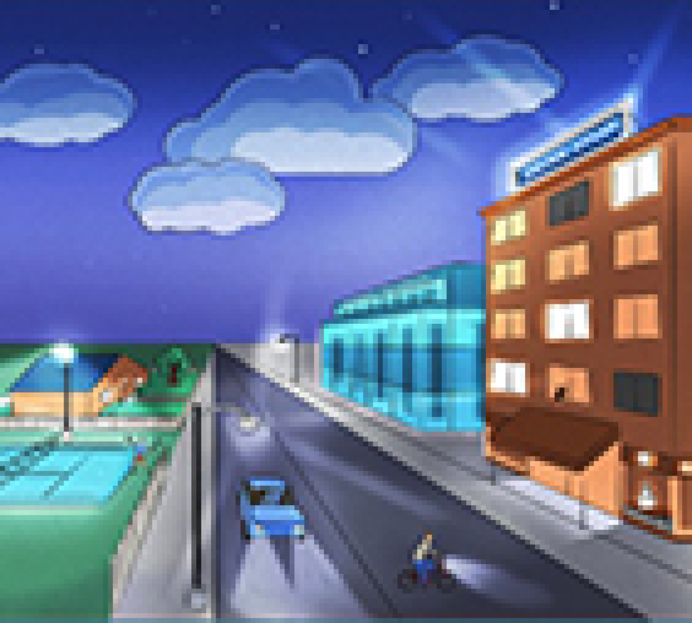 Rendering of a street at night with a tennis court at left and buildings at right.