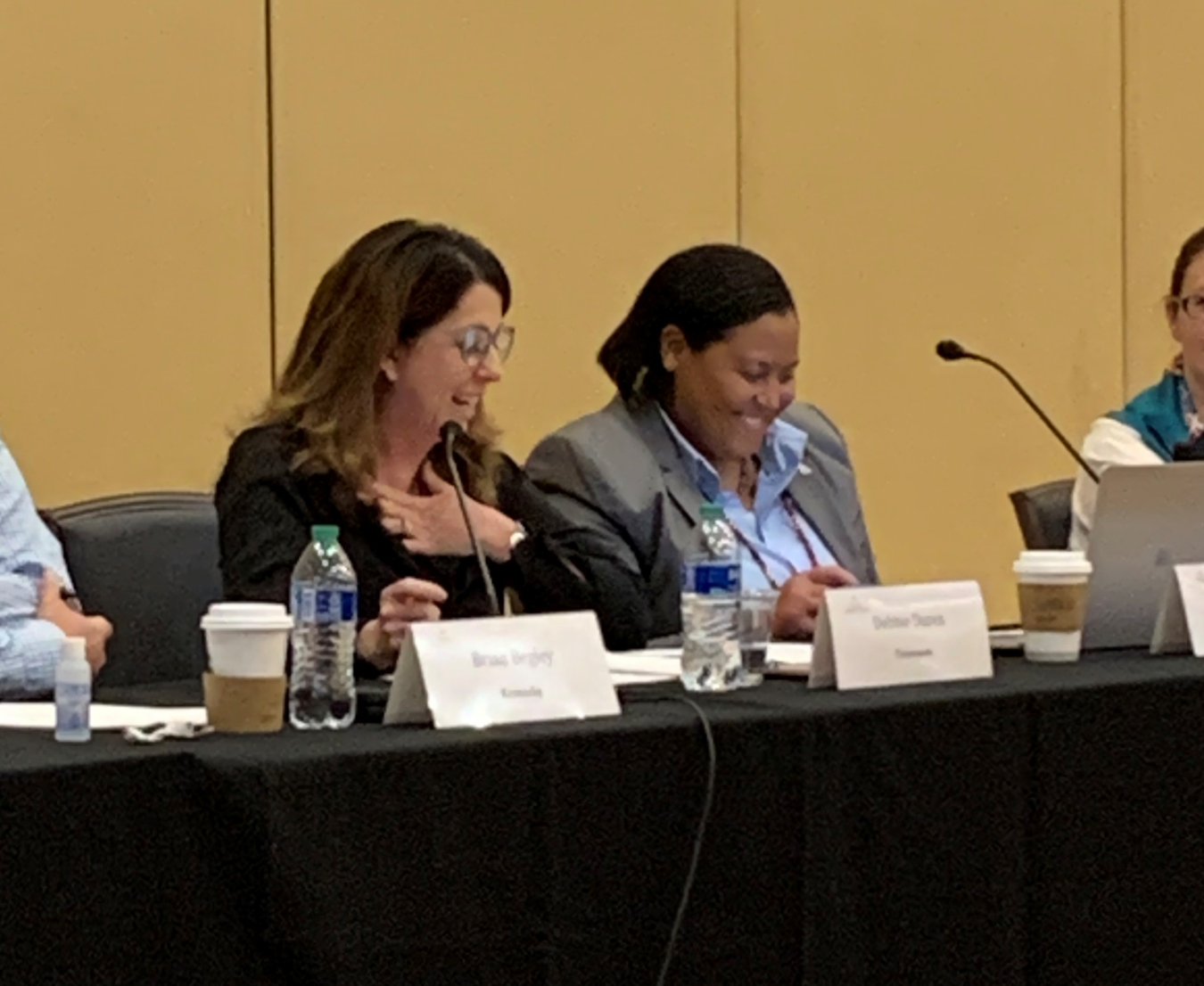 State and Tribal Government Working Group members Debbie Duren, left, with the Tennessee Department of Environment and Conservation, and Talia Martin, with the Shoshone-Bannock Tribes, talk during the working group's recent spring meeting.