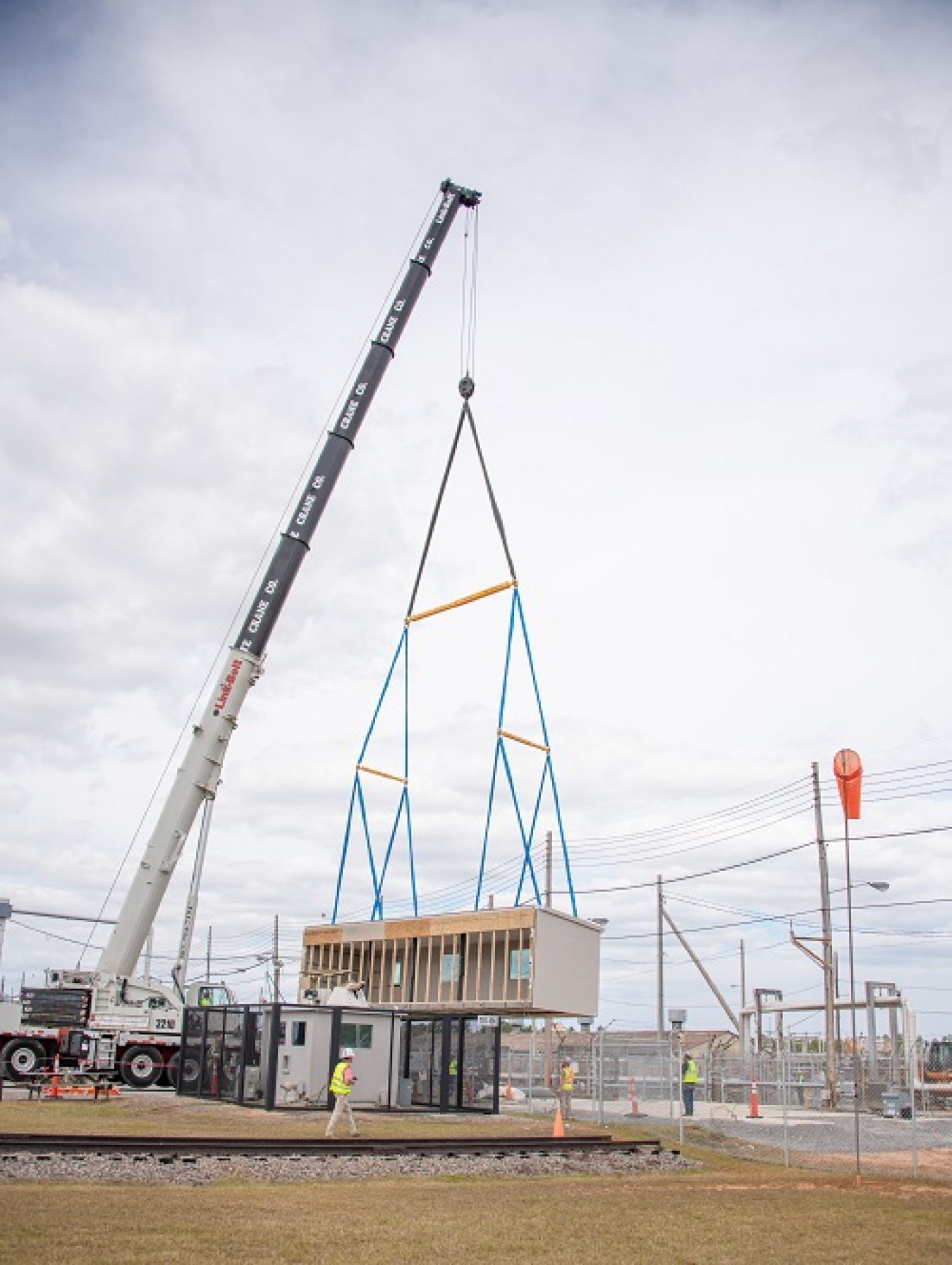 A crane lifts part of a modular building as part of improvements in K Area at the Savannah River Site.