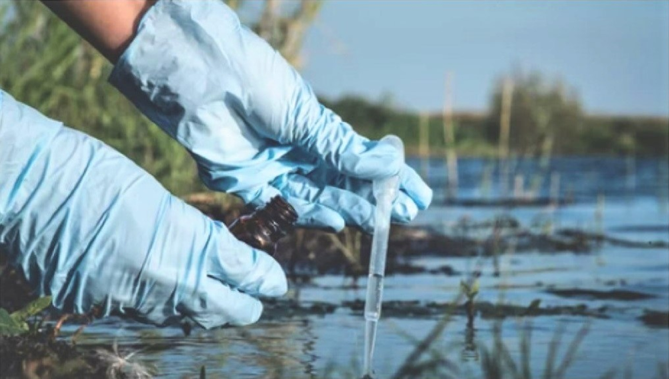 A set of hands wearing rubber gloves is shown with wetlands water and vegetation in the background.  One hand is holding an eye-dropper containing drops of water and the other hand is holding a vial that is being positioned to receive water from the eye-dropper.