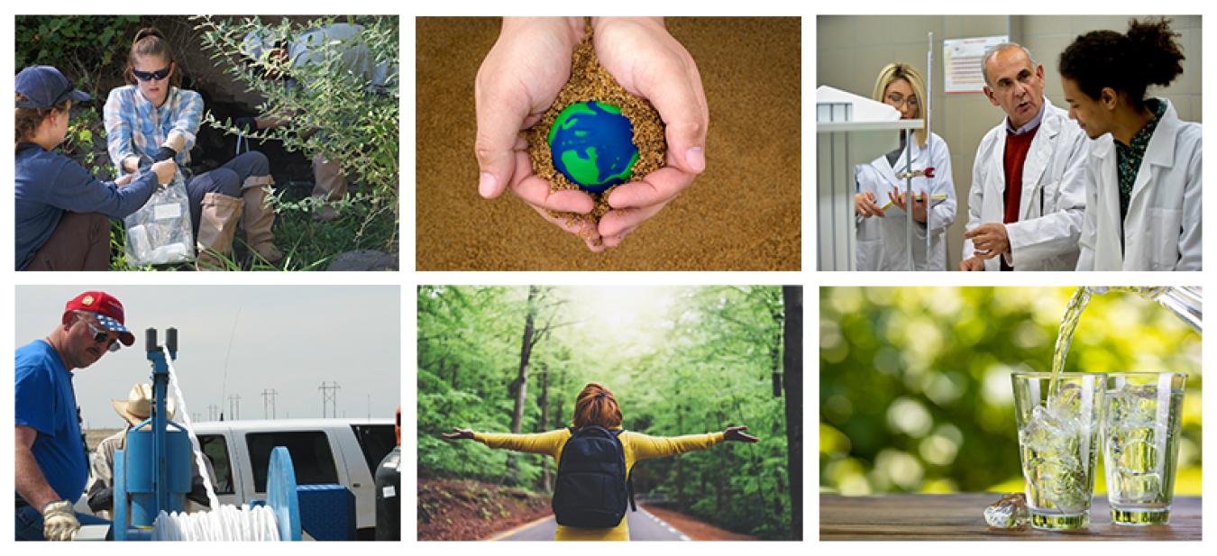 collage of various images having to do with PFAS Strategy including field collection, clean water, lab work, preserving the earth, and hiking outside