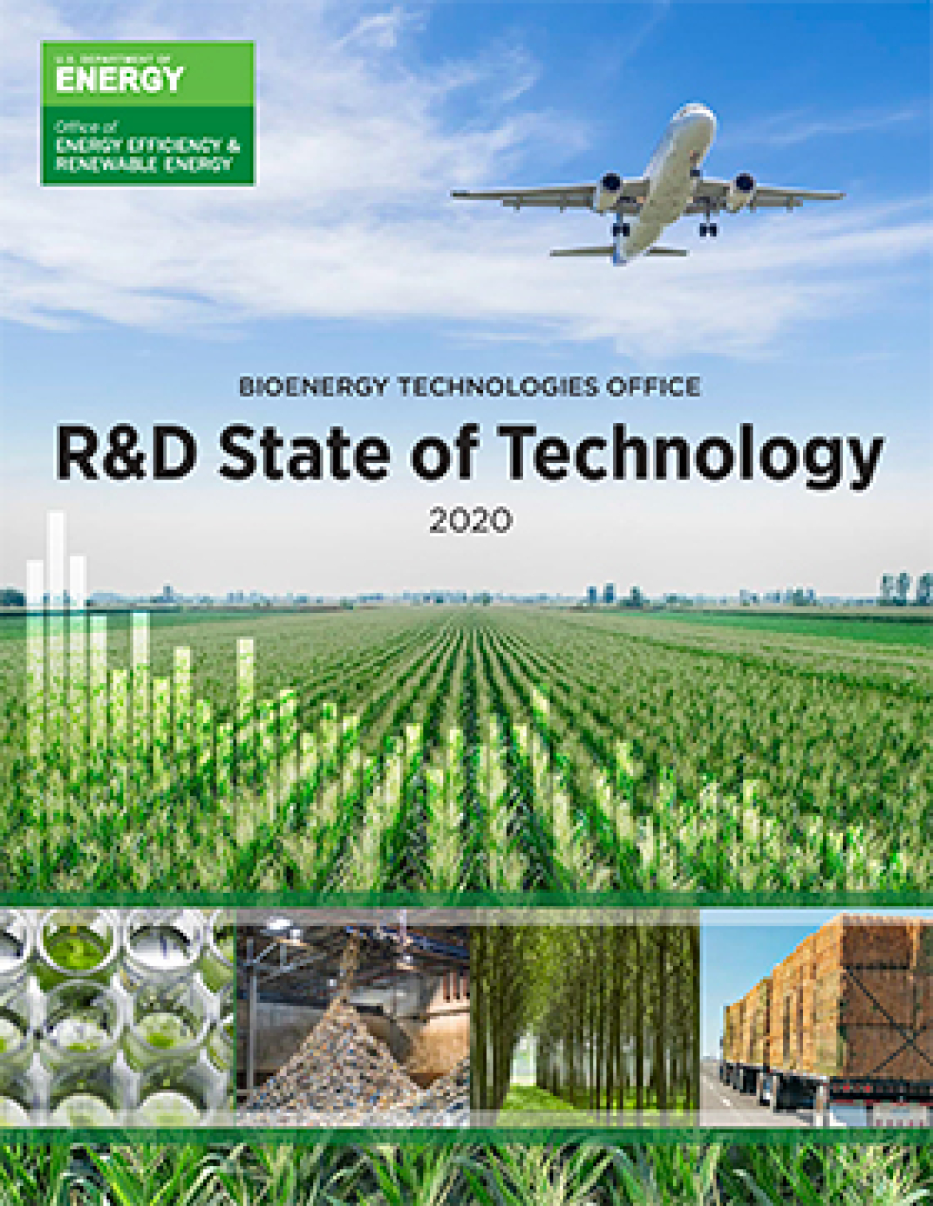 cover page for the BETO 2020 R&D State of Technology report, showing an airplane flying over a field of crops.