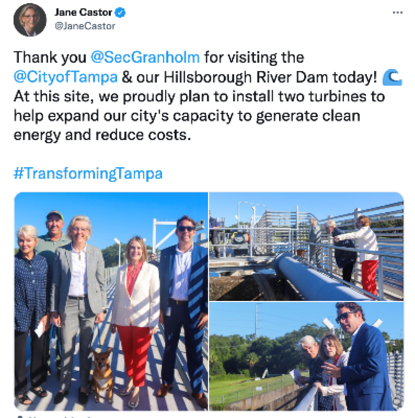 Mayor Castor: Thank you @SecGranholm for visiting the @CityofTampa & our Hillsborough River Dam today! ? At this site, we proudly plan to install two turbines to help expand our city's capacity to generate clean energy and reduce costs. #TransformingTampa 