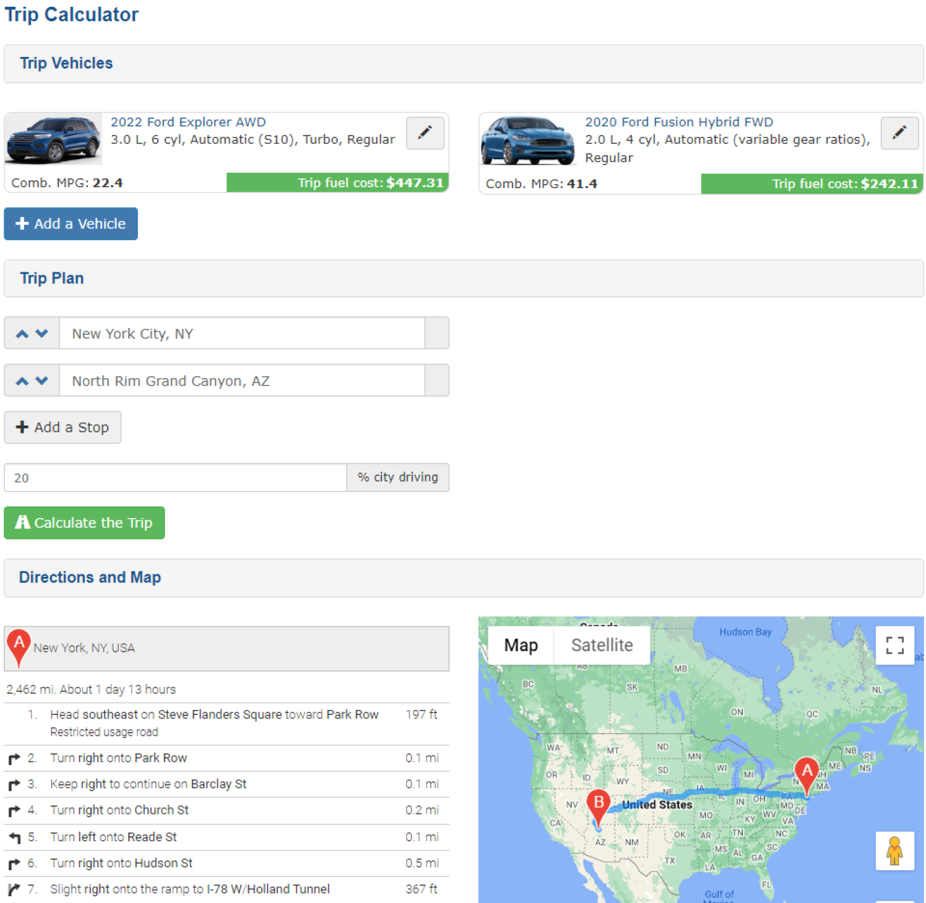 Example of Trip Calculator Comparing Fuel Costs for Two Vehicles for a Trip