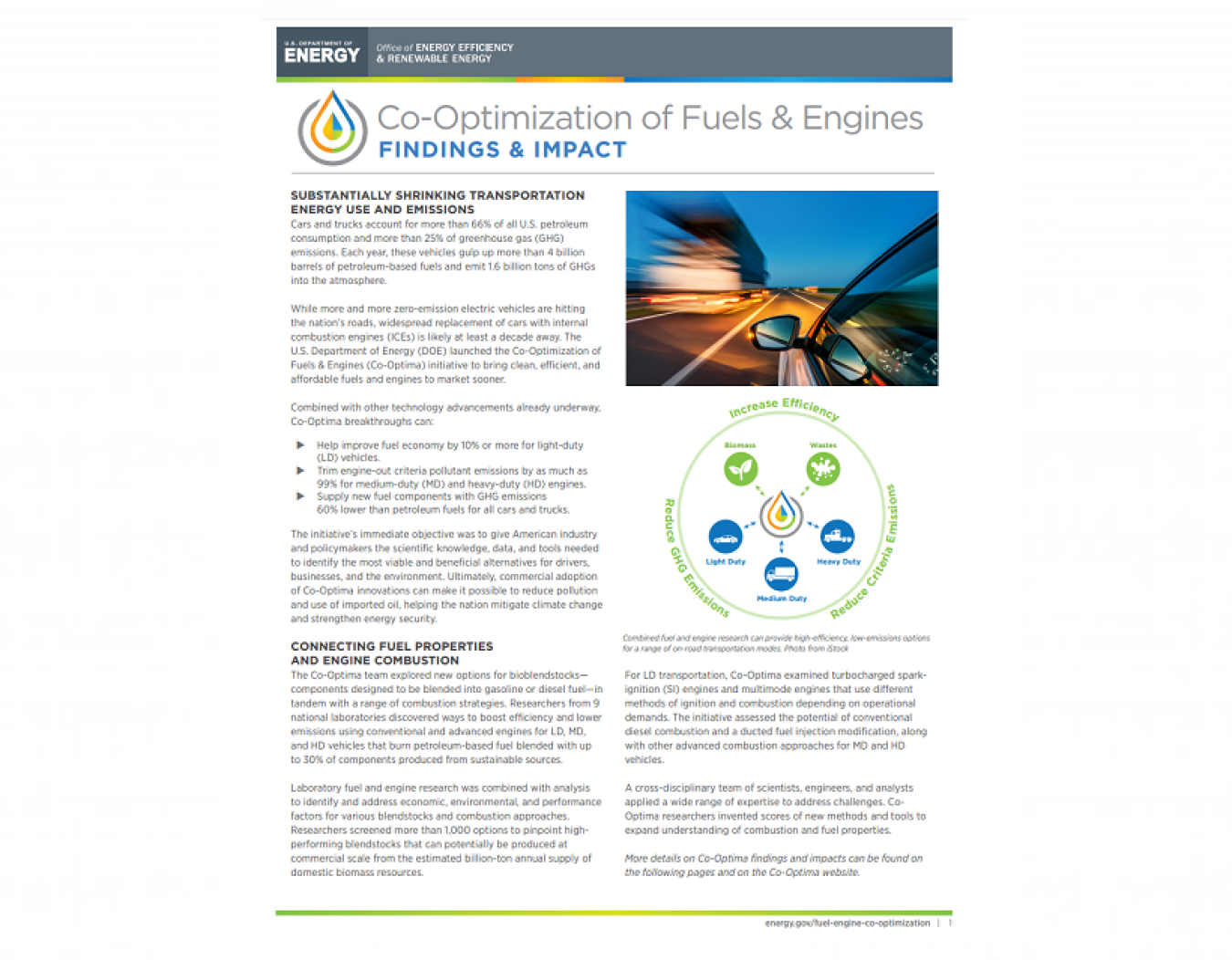 screenshot of the title page of "Co-Optimization of Fuels & Engines: Findings and Impact" factsheet