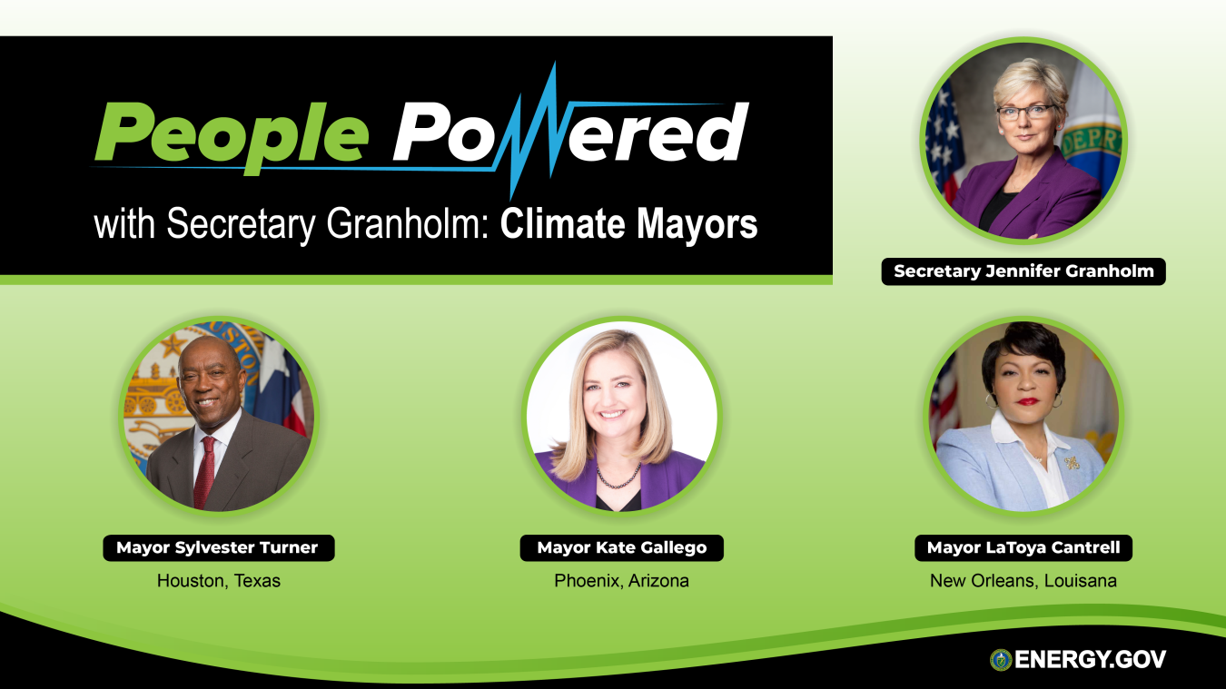 A header image with headshots of Jennifer Granholm, Mayor LaToya Cantrell, Mayor Sylvester Turner, and Mayor Kate Gallego