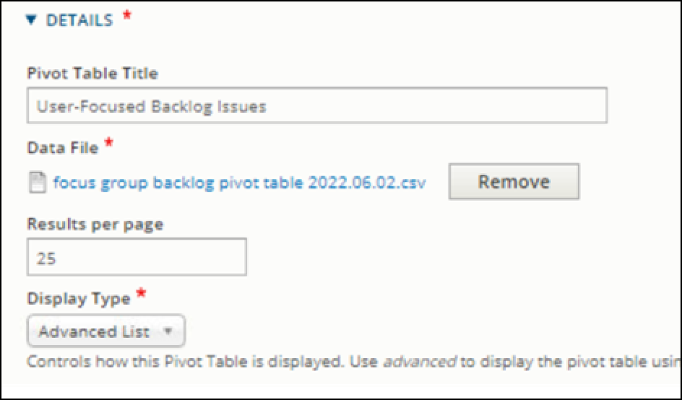 Screenshot of the Display Option field in the edit tab of a pivot table node