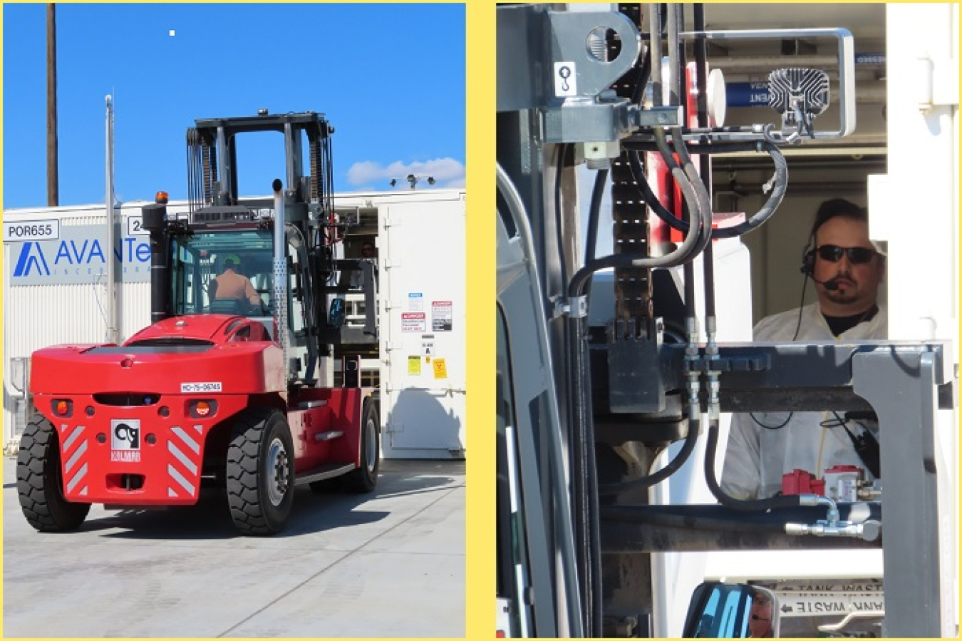 During a maintenance outage, workers installed new ion exchange columns in the Tank-Side Cesium Removal System’s process enclosure. Luis Avalos Valencia, right, stands inside the enclosure to help guide forklift driver Steve Dunnagan as he places the 13 ½-ton column.