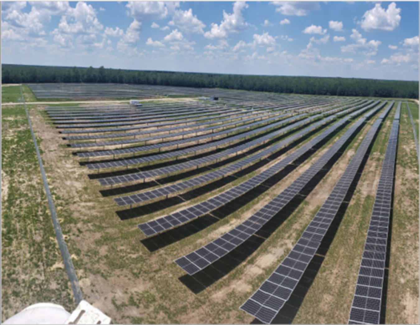 An aerial view of a solar photovoltaic farm.