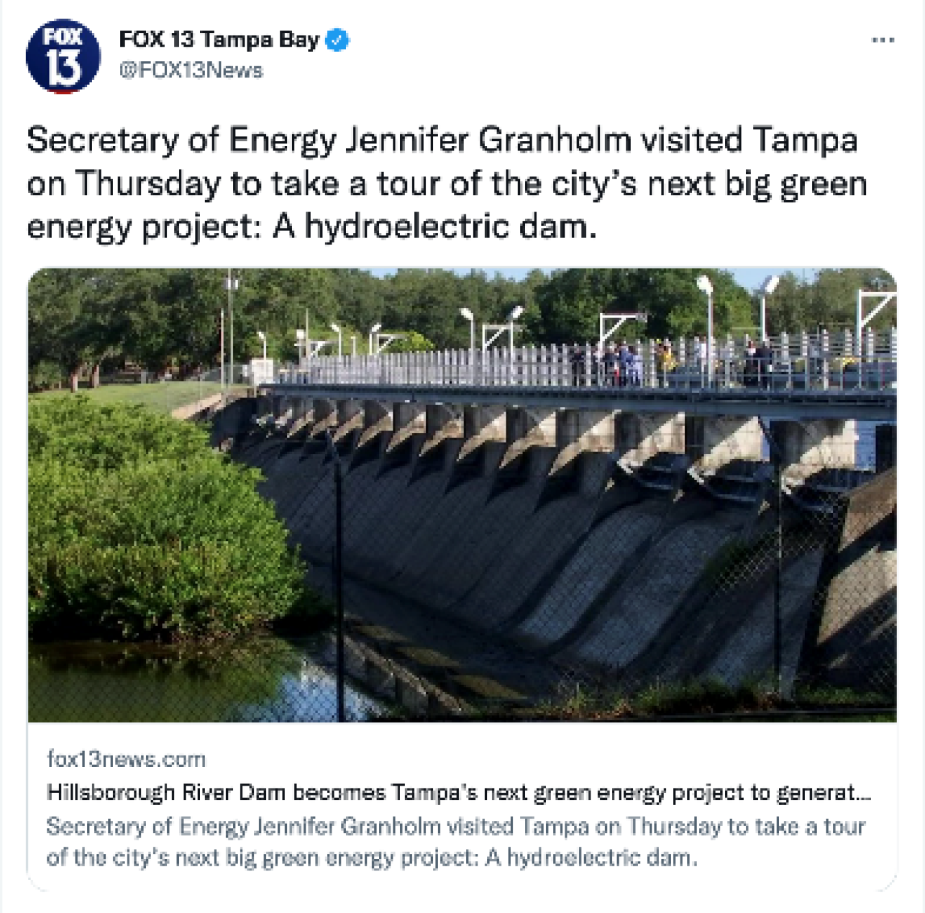 FOX 13 Tampa Bay: Secretary of Energy Jennifer Granholm visited Tampa on Thursday to take a tour of the city’s next big green energy project: A hydroelectric dam. 