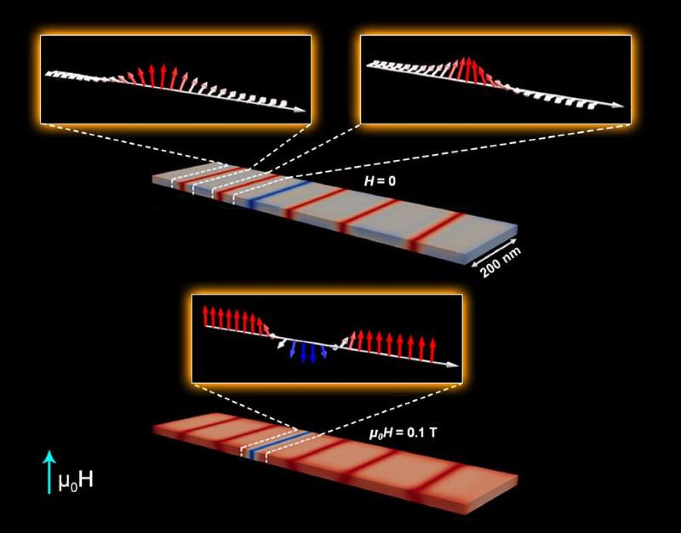 The sample (gray) has no applied magnetic field and has left-handed (left inset) and right-handed (right inset) magnetic domain walls. When magnetized (red), the sample’s domain walls move closer together and either annihilate or combine (bottom inset).