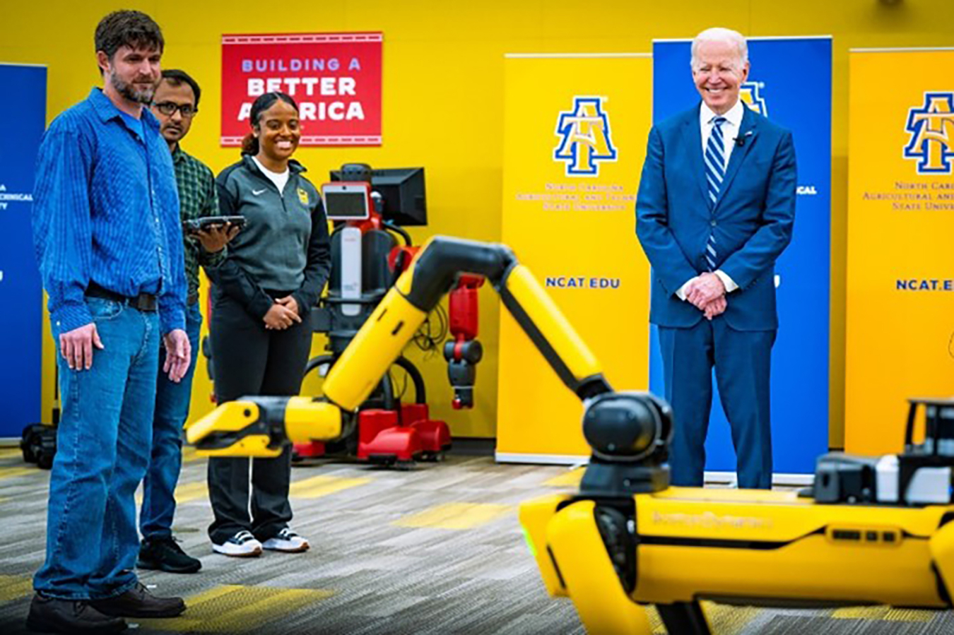 The North Carolina Agricultural and Technical State University team demonstrates Spot the robot for President Biden. NNSA helped fund some of the programs he saw.