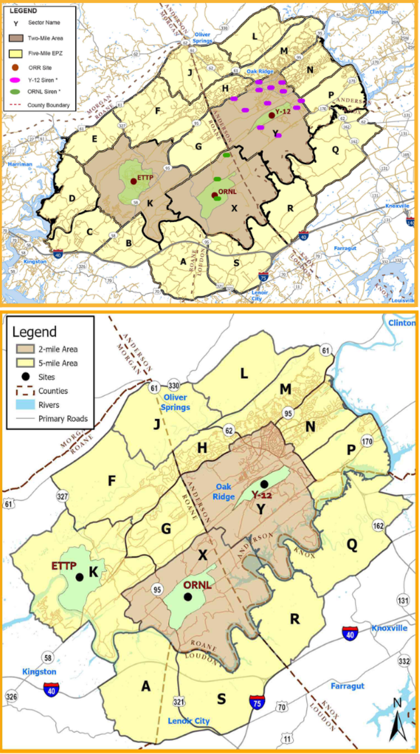 With EM’s cleanup at the East Tennessee Technology Park (ETTP) at Oak Ridge largely complete, four emergency sectors for the Oak Ridge community have been eliminated from an emergency sector map created by DOE and the Tennessee Emergency Management Agency. The previous map, at top, compares with the updated map, immediately above, which shows the removal of sectors B, C, D and E around ETTP.