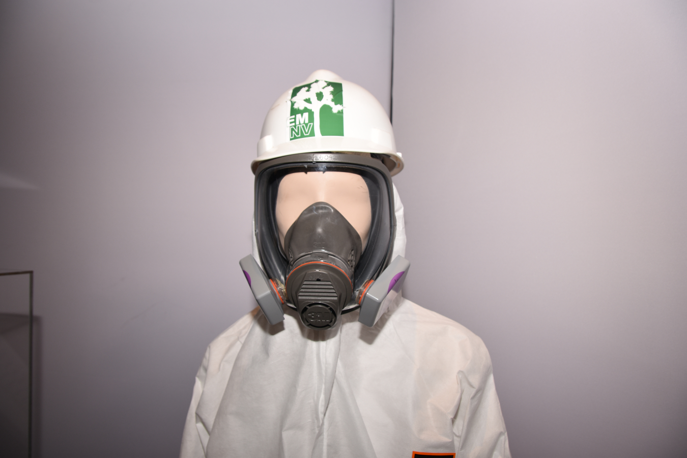 A contamination suit provided by the EM Nevada Program is on display in the new EM exhibit at the National Atomic Testing Museum in Las Vegas. This suit is representative of what employees would wear while preforming various functions, including radiological sampling.