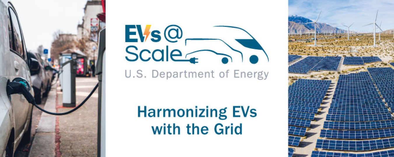 American electric vehicles on the left, the EVs@Scale Lab Consortium logo in the middle with the caption “Harmonizing EVs with the Grid,” and a picture of wind energy turbines and solar panels on the right to represent the electrical grid