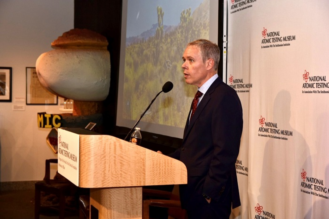 EM Senior Advisor William “Ike” White gives remarks during an event celebrating the opening of a new EM exhibit at the National Atomic Testing Museum in Las Vegas on Aug 2.