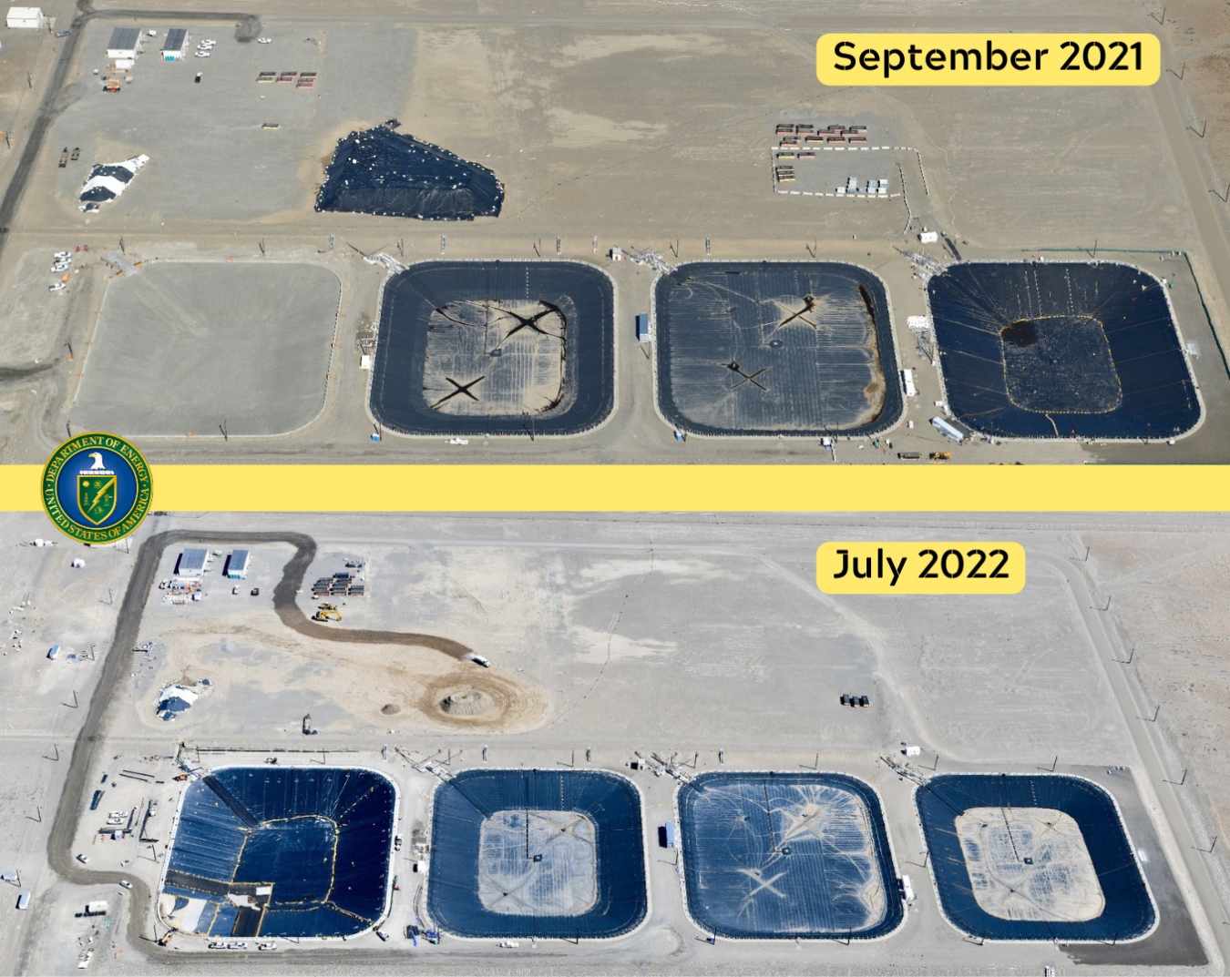 The four retention basins at the Liquid Effluent Retention Facility on the Hanford Site, as seen in September 2021, at top, and July 2022, with the nearly completed Basin 41 on the far left.