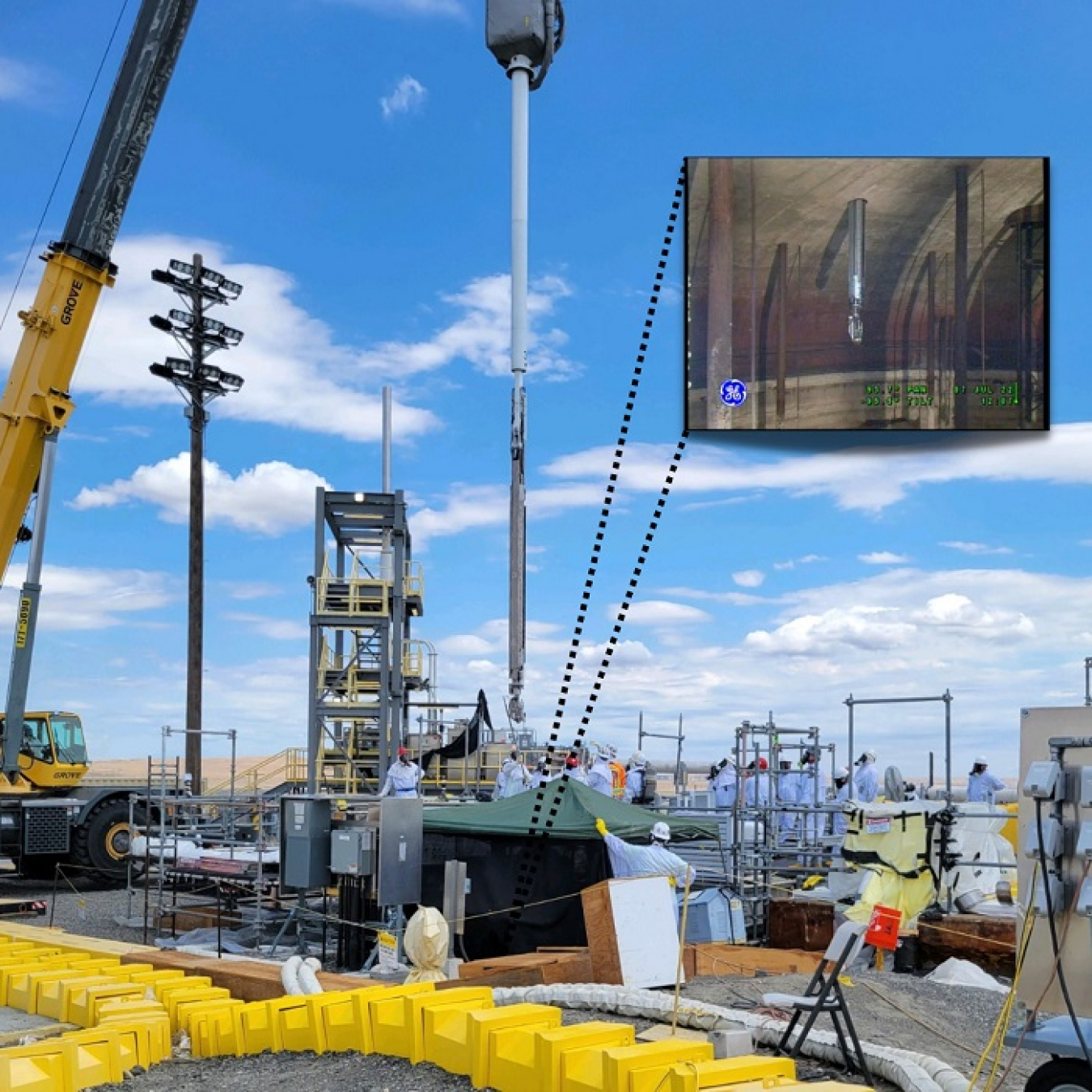 The last of three extended-reach sluicers was recently installed in Tank AX-101 at the Hanford Site to break down the waste stored in the tank and flush it to a pump during retrieval. Shown here is a view of the sluicer entering the exterior of the tank for installation. The inset photo shows the sluicer installed inside the tank.