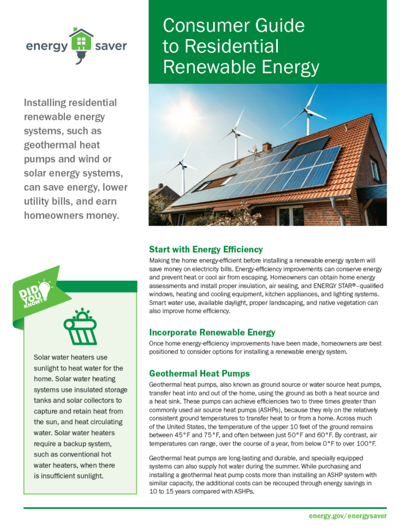 Thumbnail of the Consumer Guide to Residential Renewable Energy Fact Sheet