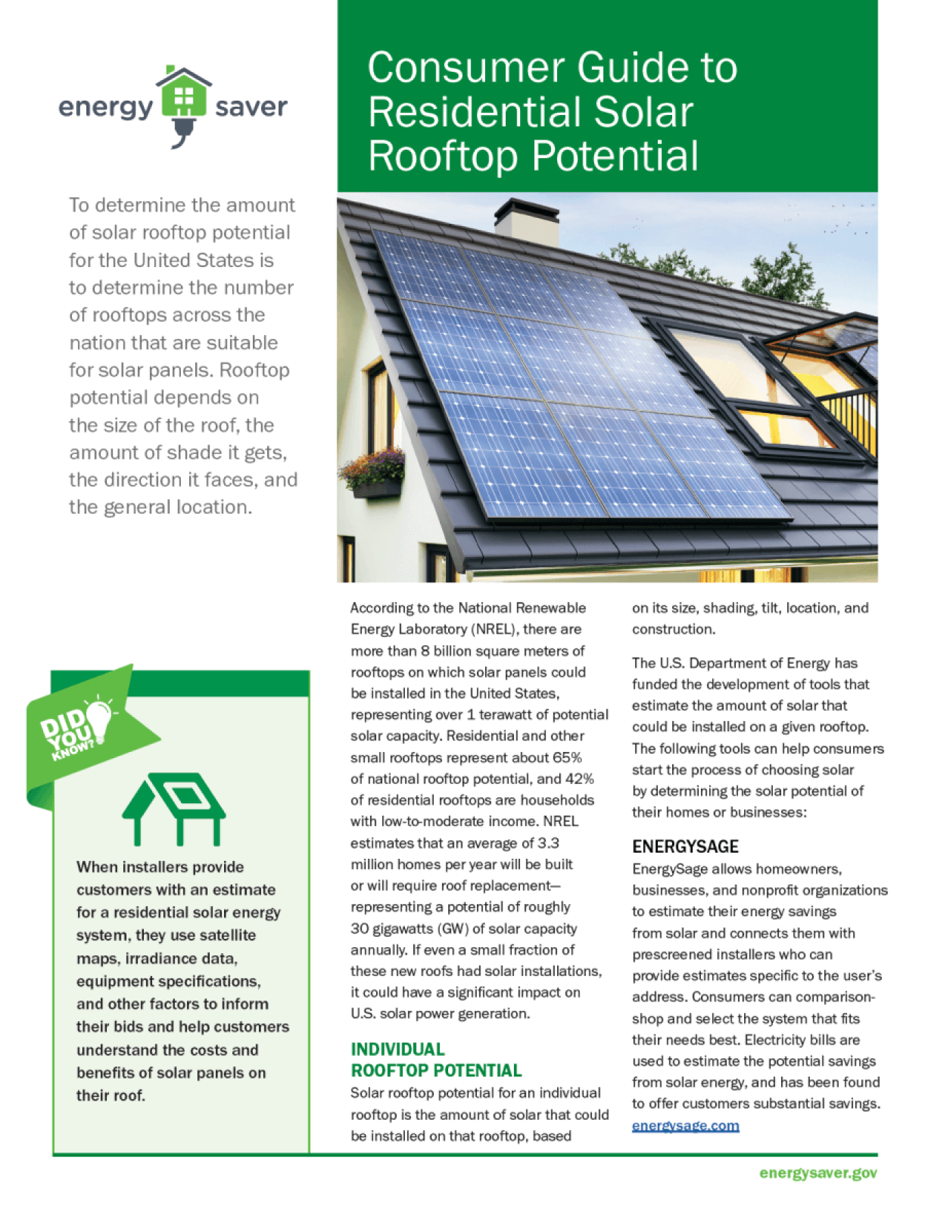 Thumbnail of the Consumer Guide to Residential Solar Rooftop Potential fact sheet.