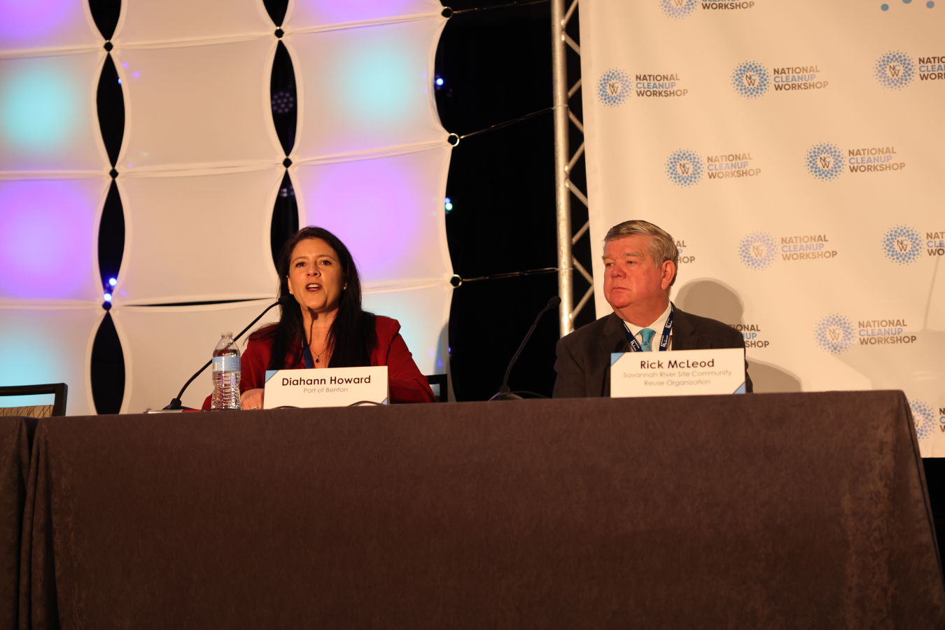 Diahann Howard, executive director of the Port of Benton, Washington state, speaks during a panel session on maximizing reuse opportunities at EM sites. Panel moderator, Rick McLeod, president and CEO of the Savannah River Site Community Reuse Organization.