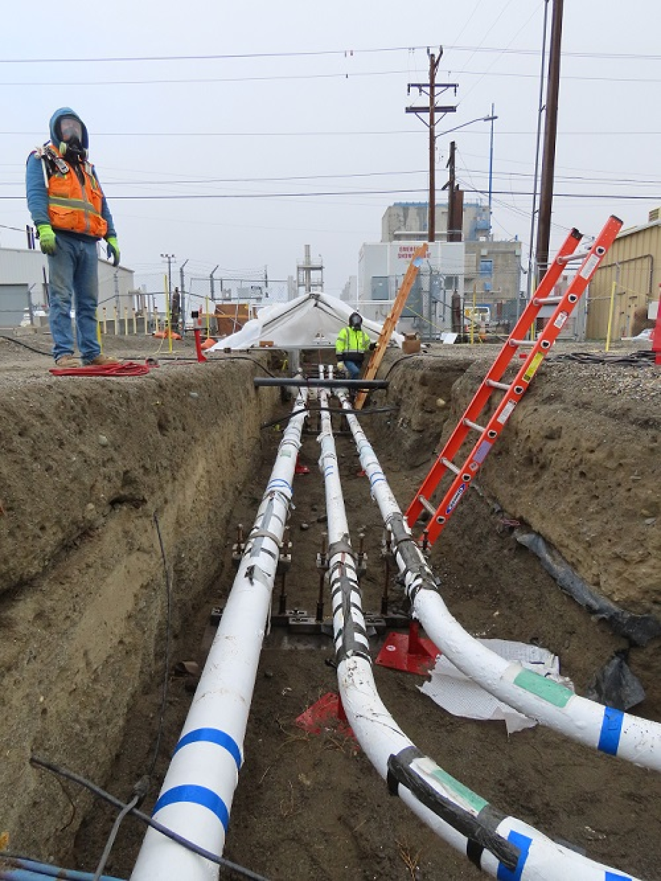 Crews installed double-walled pipes on the Hanford Site as part of the project to replace older transfer lines between waste storage tanks and the 242-A Evaporator.