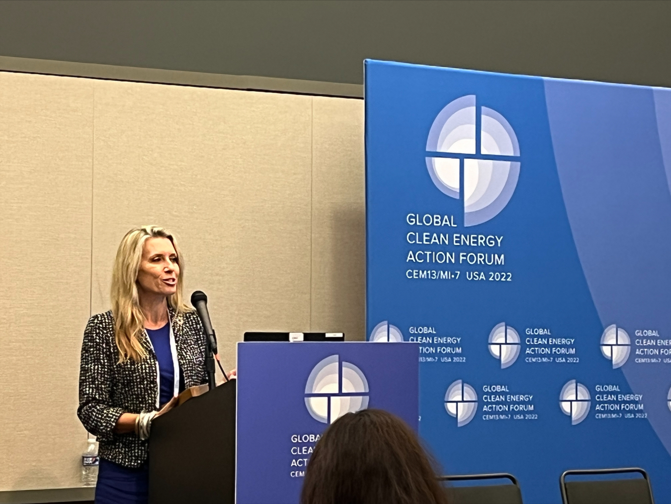 Dr. Gayle Schueller, Senior Vice President & Chief Sustainability Officer, 3M, provides acceptance remarks at the Global Clean Energy Action Forum. Photo credit: GCEAF