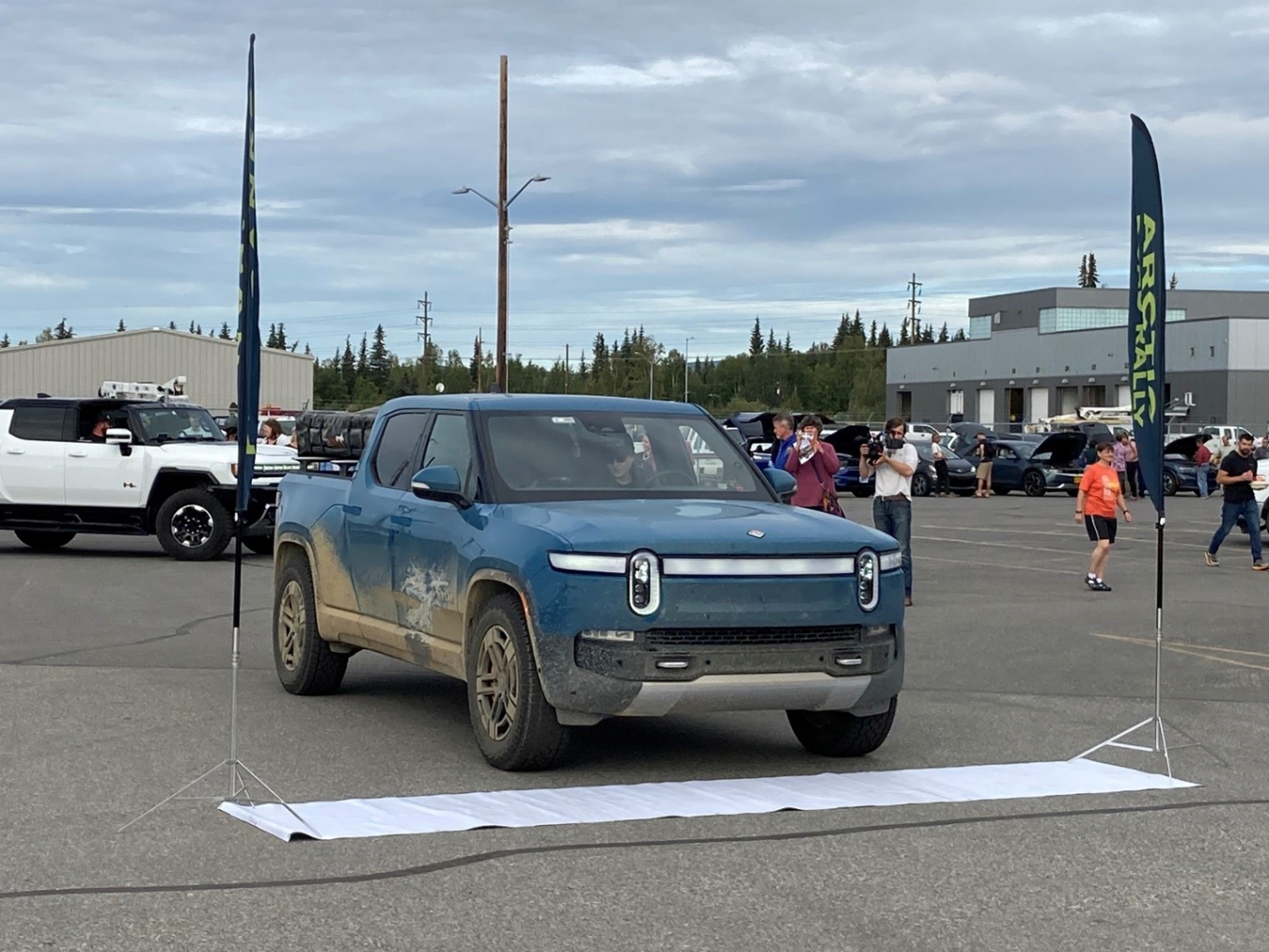 EV truck parked at starting point for arctic road rally in Fairbanks, Alaska. 