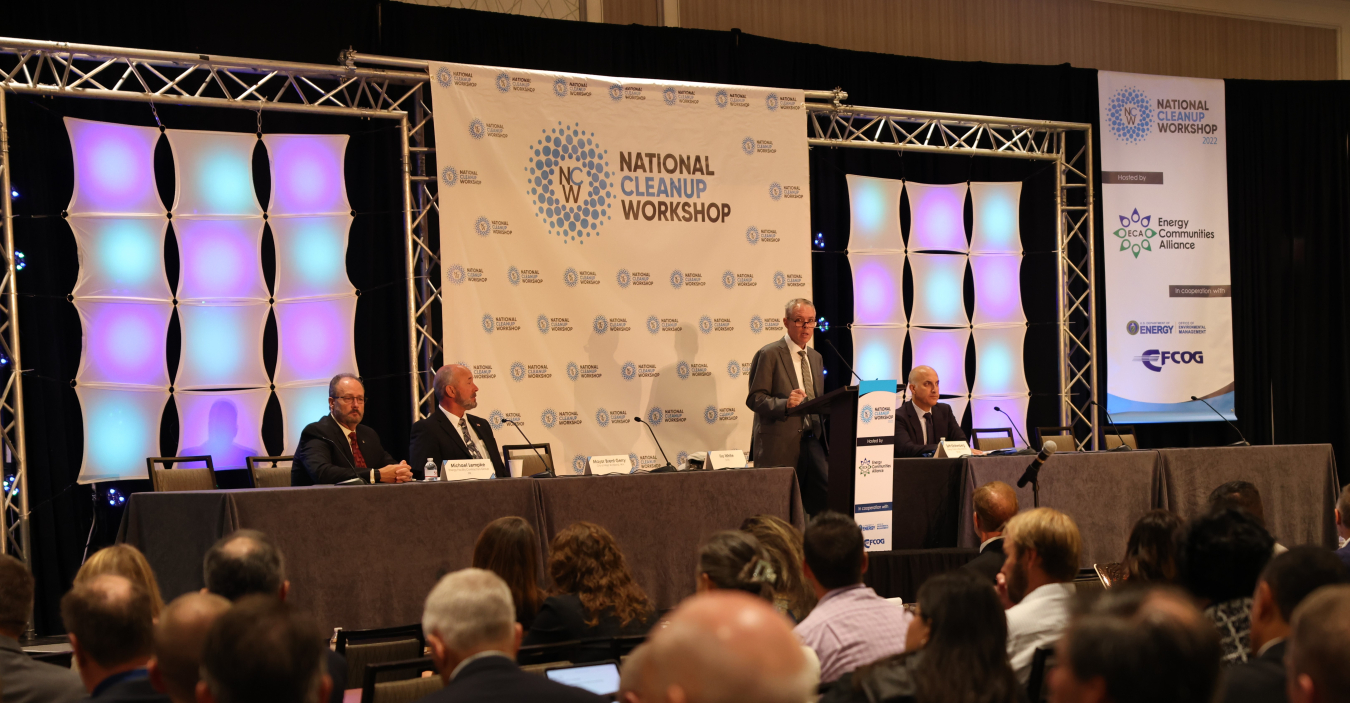 The 2022 National Cleanup Workshop drew an audience of more than 630 people in person, 91 virtually. Here, EM Senior Advisor William “Ike” White gives remarks focused on EM’s achievements and challenges during the first full day of the workshop on Sept. 22.