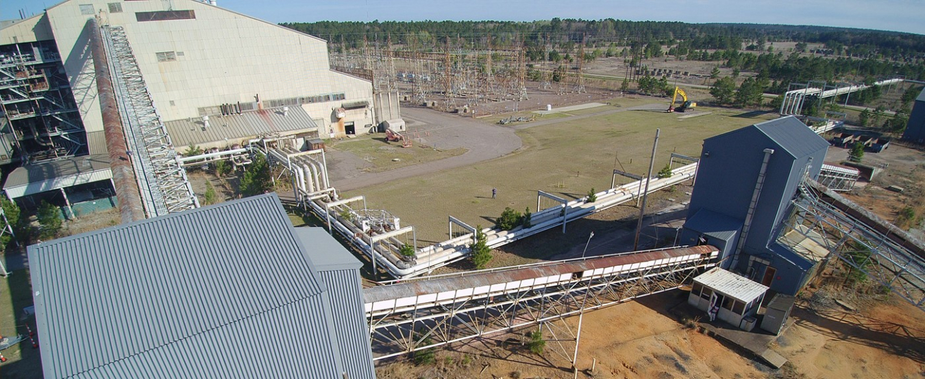 In past Savannah River Site operations, a coal handling system in the site’s D Area delivered coal to the top of the D Area Powerhouse where it was burned to produce power and steam. Workers have demolished the system’s conveyors and associated buildings pictured here in gray. The site provided salvaged conveyor belts to the nonprofit Savannah River Community Resource Organization for beneficial reuse in the community.