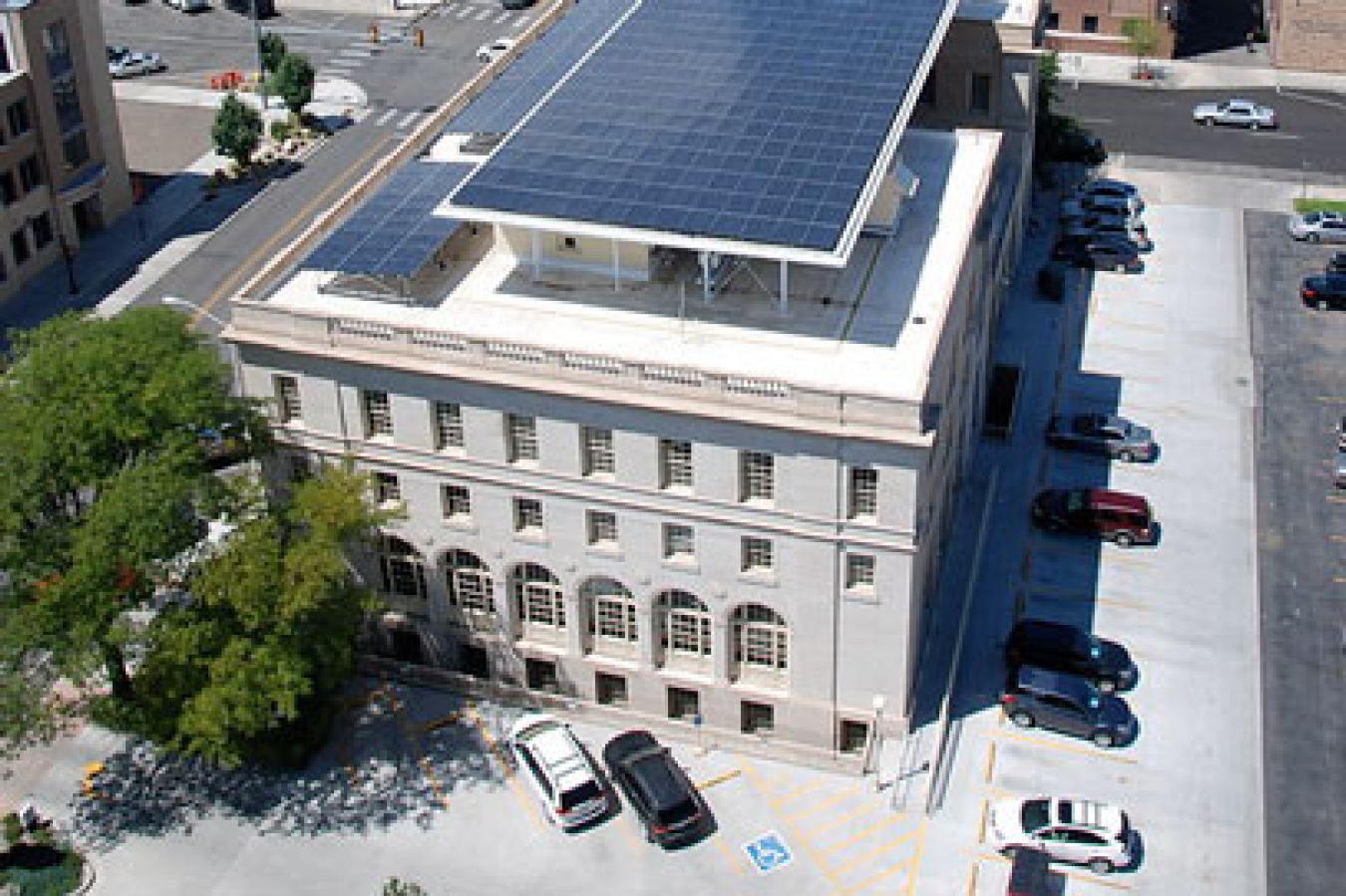 An aerial view of the rooftop solar panels on the Wayne N. Aspinall Federal Building.