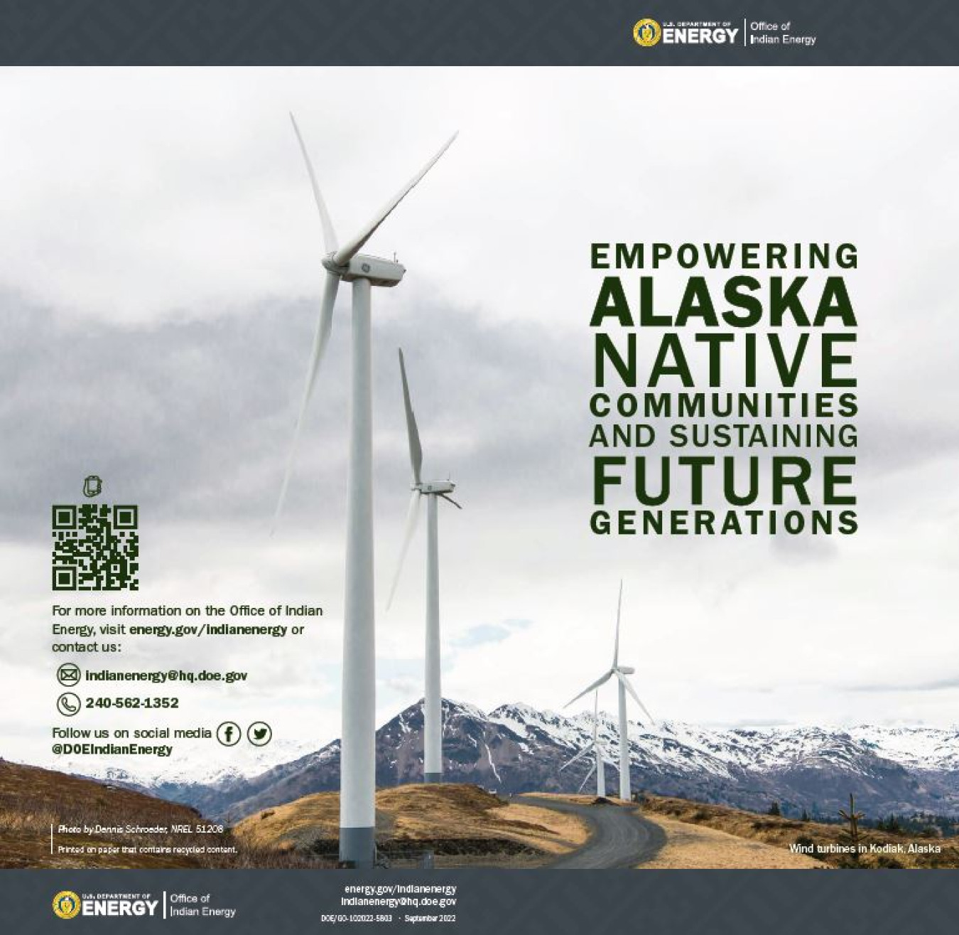 Shows the cover of the Indian Energy Alaska overview brochure. Wind turbines are shown with snowy mountains.