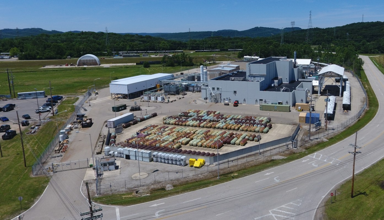 An aerial view of the Portsmouth Depleted Uranium Hexafluoride Conversion plant in Ohio. A nearly identical facility exists at EM’s Paducah Site in Kentucky. Both plants have restarted production with improved facilities following a pandemic safety pause.