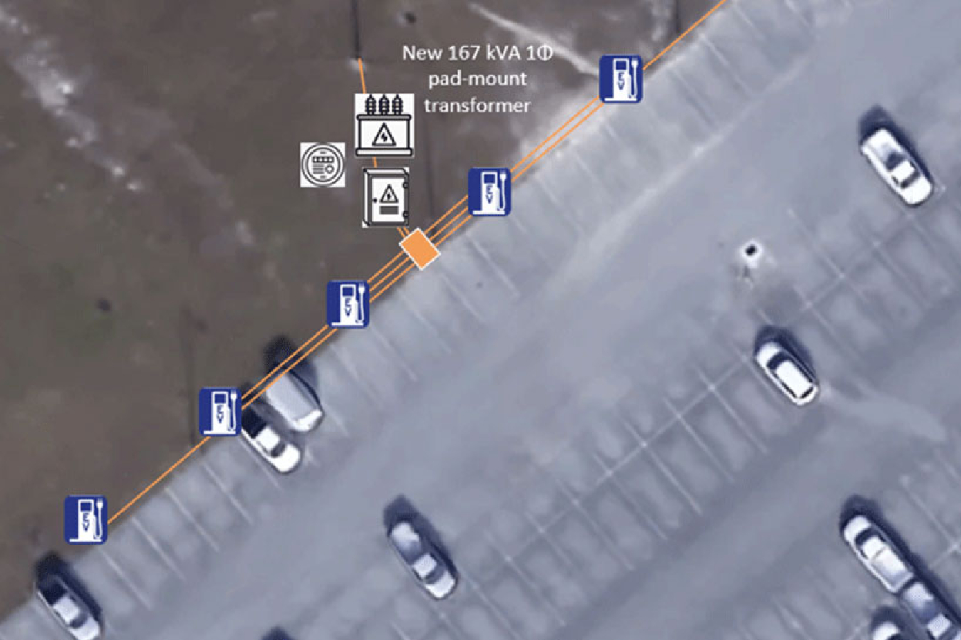 A satellite photo of a parking lot with icons representing electric vehicle charging stations. 