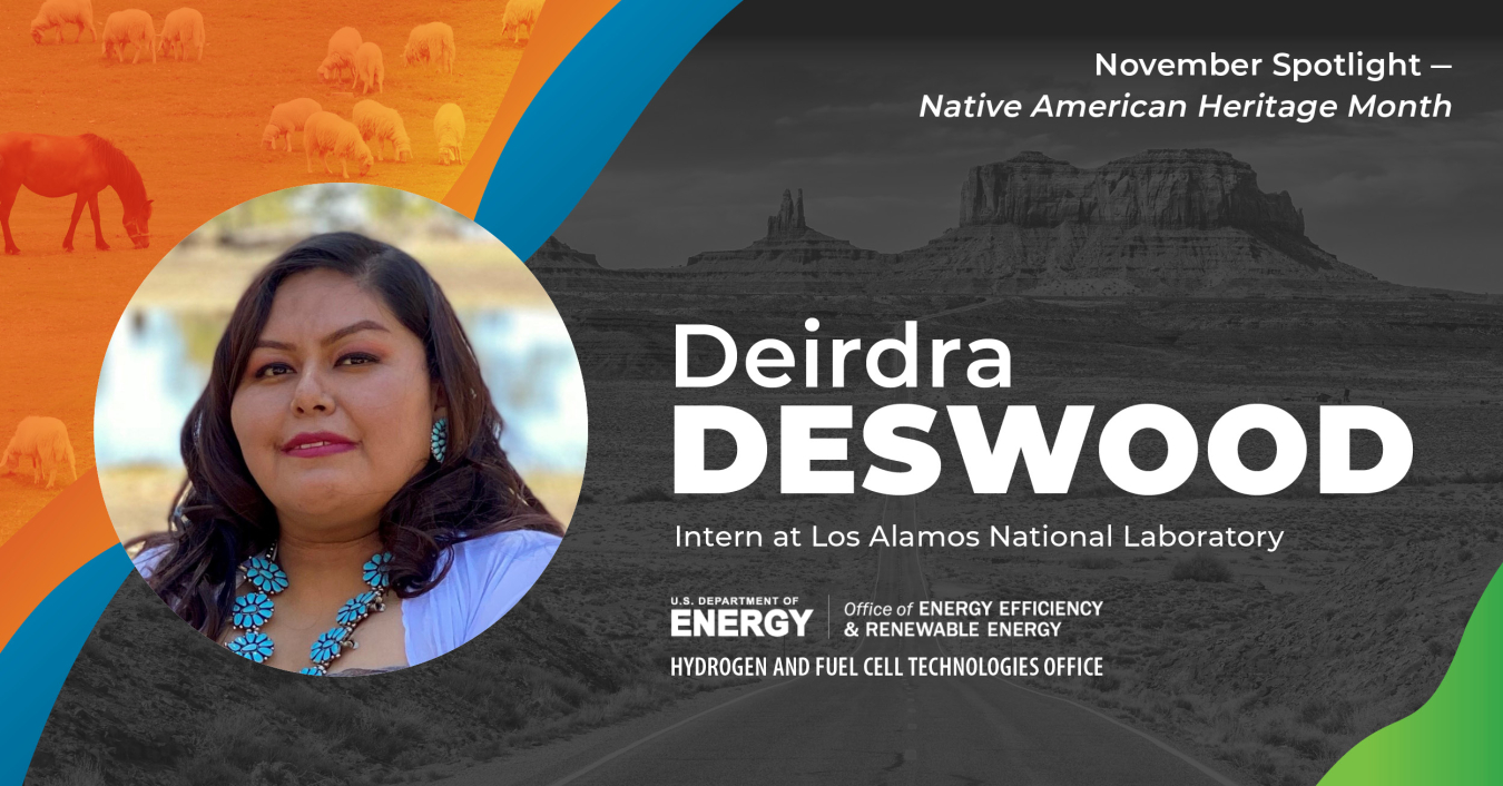 Headshot of Deirdra Deswood, Intern at Los Alamos National Laboratory, November Spotlight - Native American Heritage Month, over a background image of a desert landscape and grazing sheep and horses.