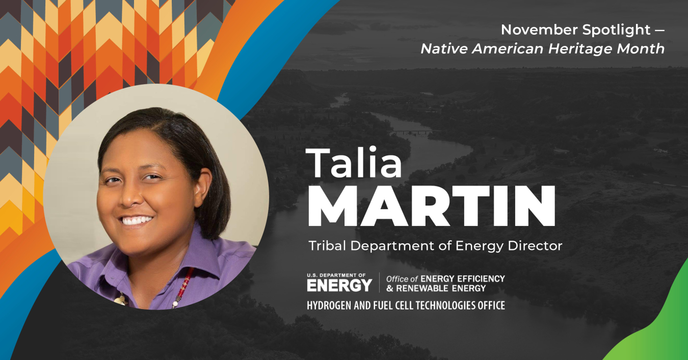 Headshot of Talia Martin, Tribal Department of Energy Director, November Spotlight - Native American Heritage Month, over a background image of a river landscape.