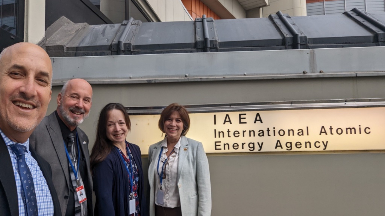 Participants in the recent Technical Meeting for Municipalities with Nuclear Facilities gather outside the International Atomic Energy Agency headquarters in Vienna. 