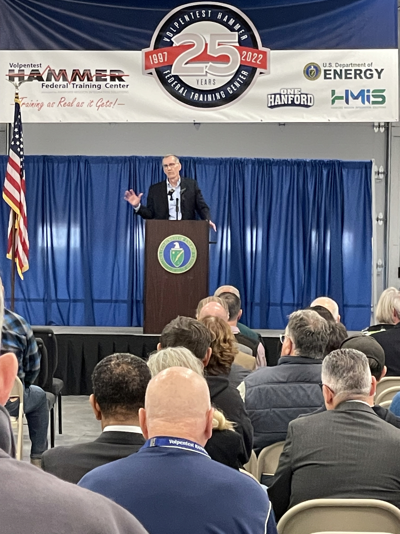 Brian Vance, manager of the EM Office of River Protection and Richland Operations Office, addresses the audience at the Volpentest HAMMER Federal Training Center’s 25th anniversary celebration. The facility began as a management-labor partnership focused on the safety and health of workers and emergency responders.