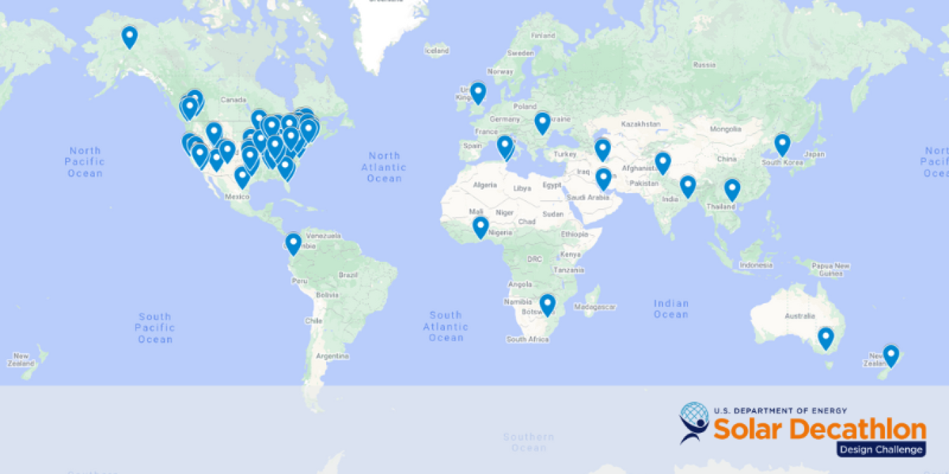 Map of the world with pins highlighting where Design Challenge teams are from.