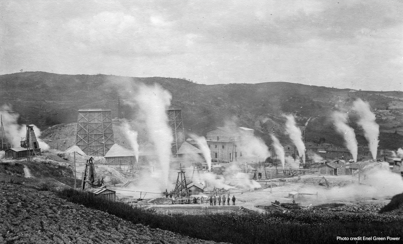 Very old black and white photo of the Larderello geothermal power plant in Tuscany.