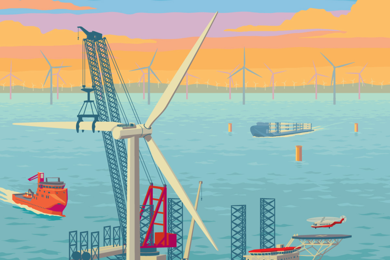 Illustration of offshore wind farm under construction with onshore wind farm in background