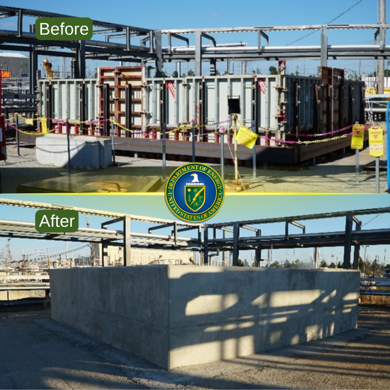 Savannah River Mission Completion covered Diversion Boxes 5 and 6 with concrete to permanently close the boxes from future use. Box 5 is shown at top prior to it being entombed in concrete. Box 5 is pictured immediately above after workers placed concrete over and around the structure.