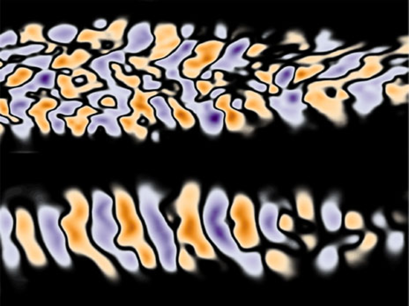 Contours of magnetic fields that emerge a result of self-organization of microscopic currents resulting from the Weibel instability in a carbon dioxide laser-produced plasma probed by an ultrashort relativistic electron beam.