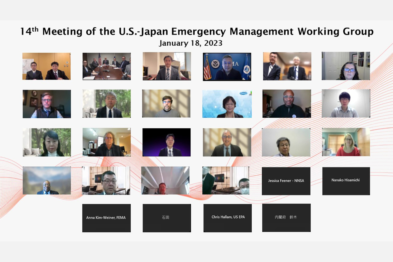 A grid showing the participants in the virtual 14th Meeting of the U.S.-Japan Emergency Management Working Group