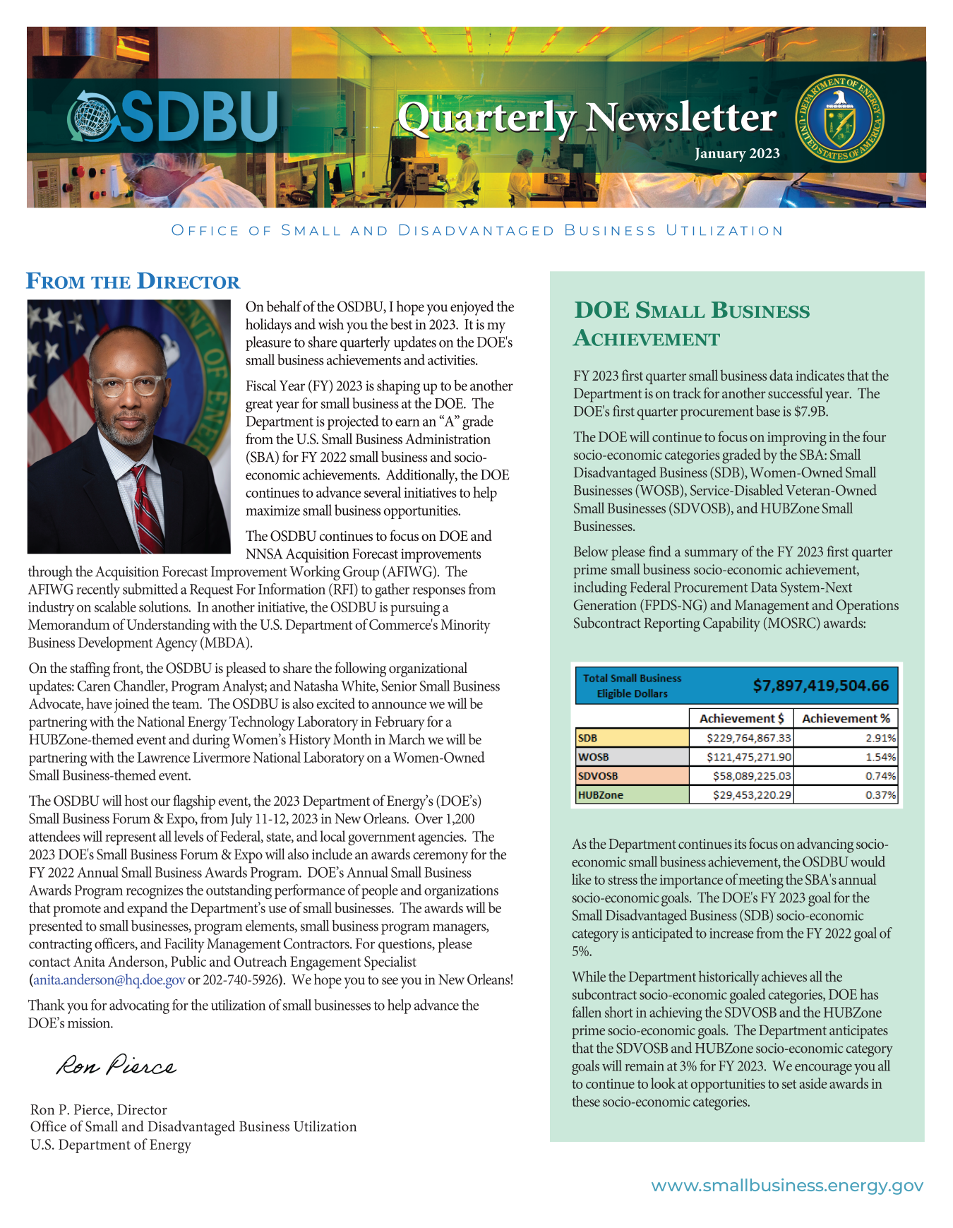 Cover page of OSDBU Quarterly Newsletter Q1 FY 2023