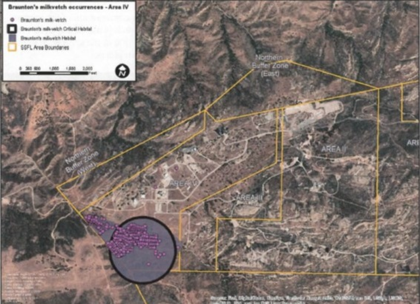 Braunton’s milk-vetch and critical habitat for the plant are shown in Area IV, Northern Buffer Zone and other areas of the Santa Susana Field Laboratory.