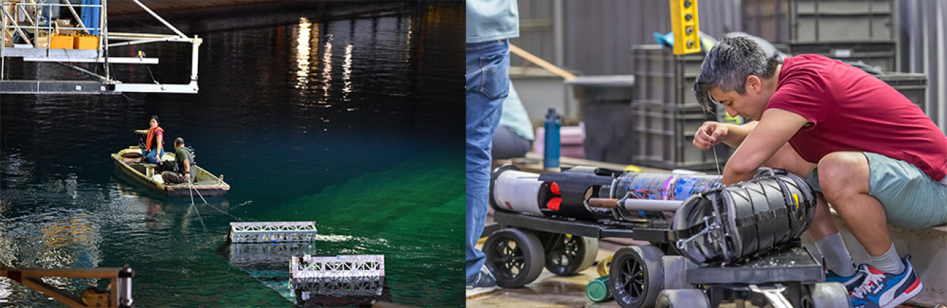 (left) Two competitors in a boat drag their device out into the water / (right) A competitor leans over his scooter-sized device to perform a last-minute fix.