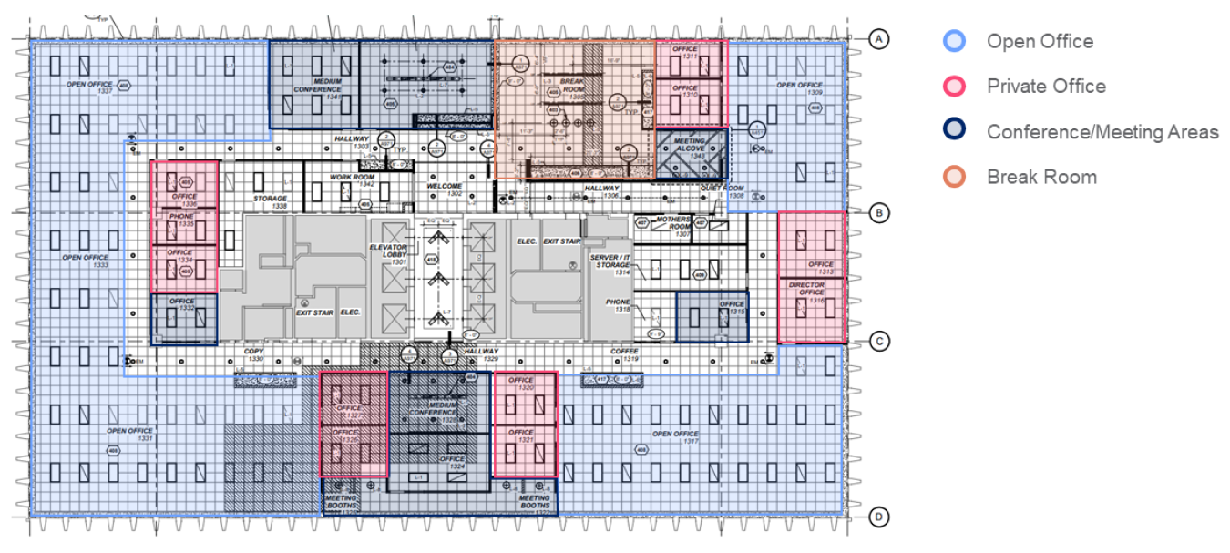 An office building floor plan showing open offices, private offices, conference rooms, and breakroom.