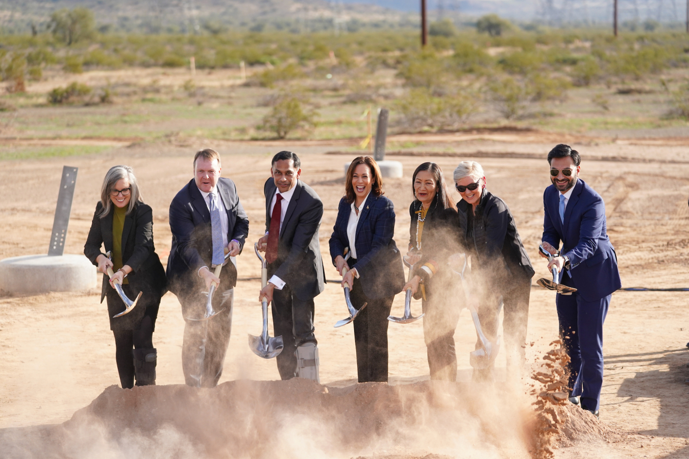 Arizona Governor Katie Hobbs, California Independent System Operator President and CEO Elliot Mainzer, Lotus Infrastructure Partners Chairman and CEO Himanshu Saxena, Vice President Harris, U.S. Secretary of the Interior Deb Haaland, Secretary Granholm, and Assistant to the President and National Climate Advisor Ali Zaidi break ground on the Ten West Link transmission line in Tonopah, Arizona.